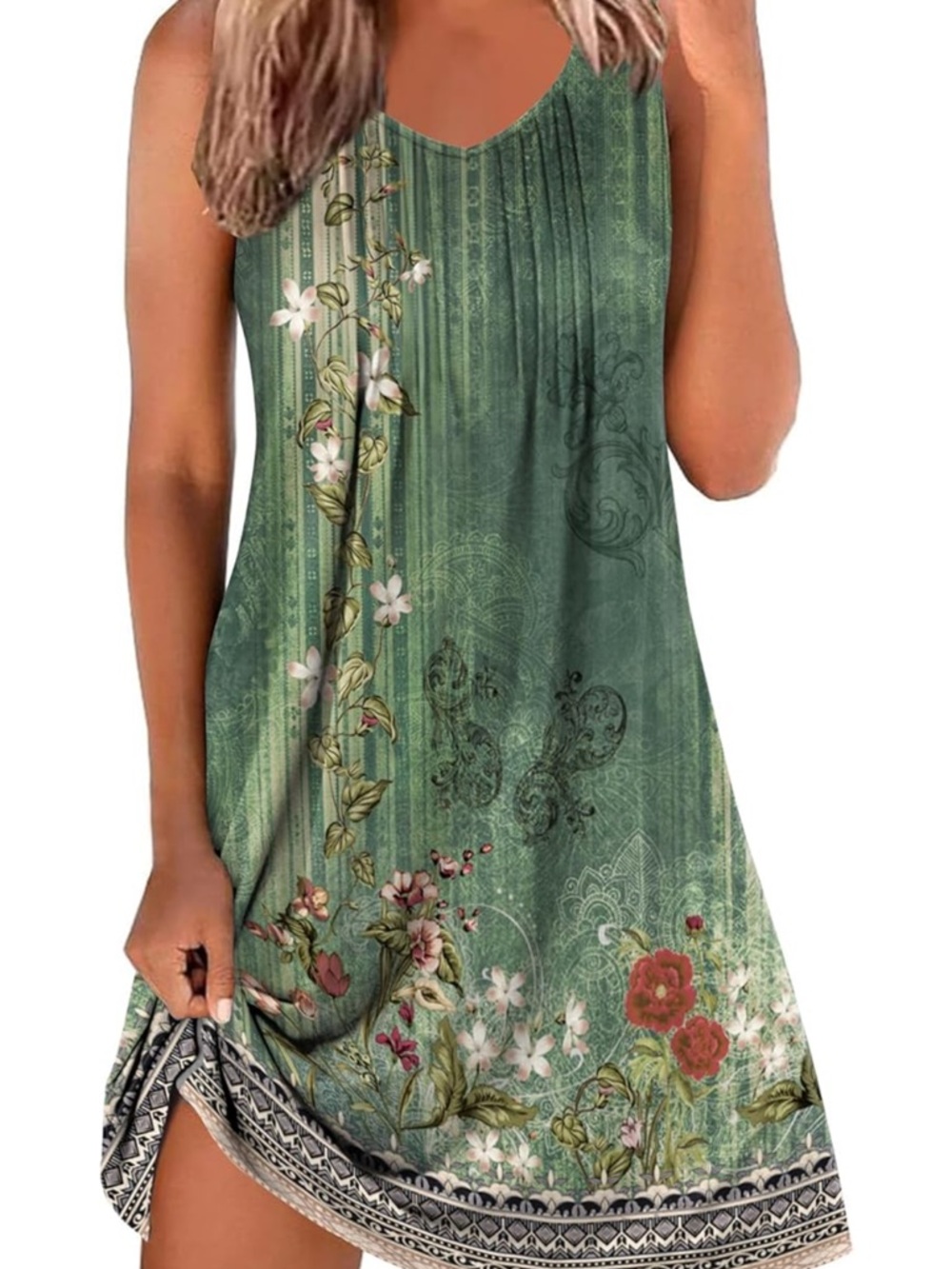 Green Floral Sleeveless Swing Dress